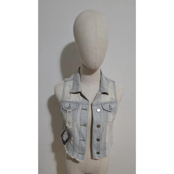 Denim Trucker Style Vest Womens Small Distressed Button Front Sleeveless Y2K New - Picture 14 of 16